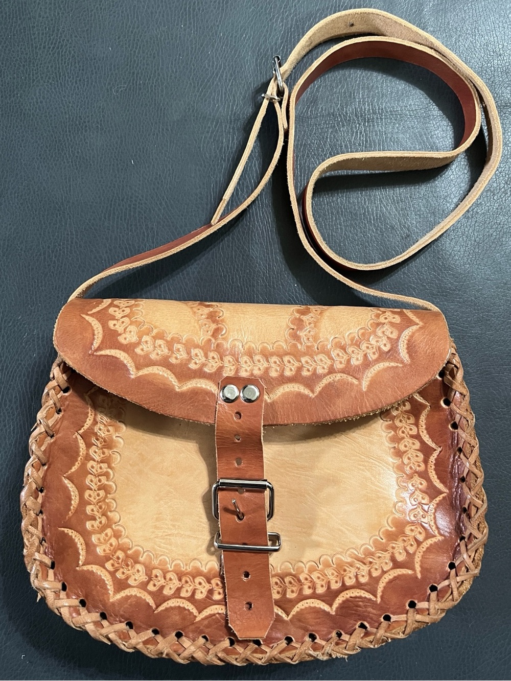 Tooled Leather Crossbody Satchel Bag